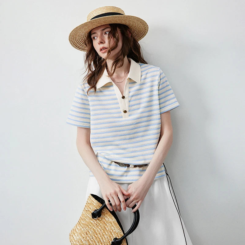 TOYOUTH Women's T-Shirt 2026 Summer New Hollow Stripe Color Block Polo Collar Nautical Top, Loose Fit Vintage Tee