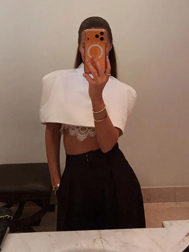 Elegant Shawl Crop Tops Women Shoulder Pads Stand Collar Short Sleeve Solid T-shirt Female 2026 Spring Chi Party Club Top Lady