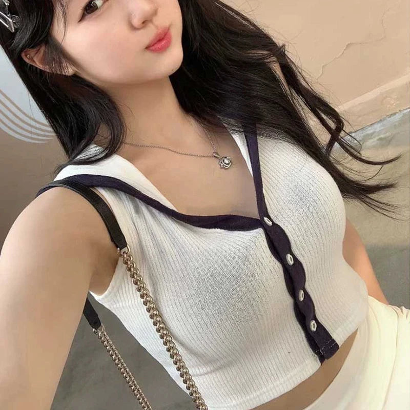 Korean 2026 Summer Fashion Slim Fit Sleeveless T-Shirt Women's Color Blocking Versatile Shawl Tees Sailor Collar Crop Tops
