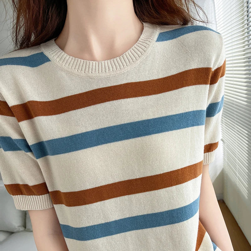 Women's T-Shirt Summer 100% Cotton Sweater Short Sleeve Striped Knitted Round Neck Ladies Tops Loose Blouse Pullover Tees