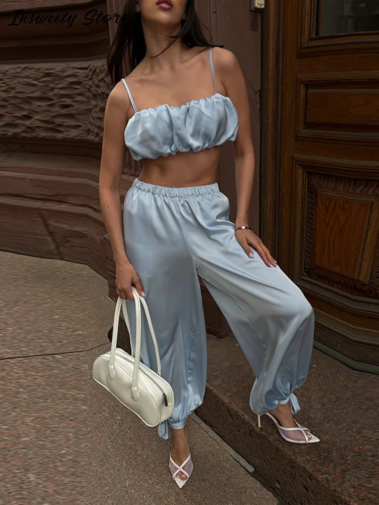 Fashion Pleated Tube Tops Pants Set Women's Solid Sling Crop Vest Elastic Waist Pants Lace Up Trousers 2026 New Lady Lounge Wear