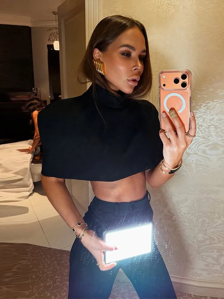 Elegant Shawl Crop Tops Women Shoulder Pads Stand Collar Short Sleeve Solid T-shirt Female 2026 Spring Chi Party Club Top Lady