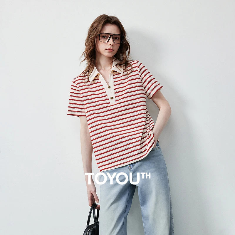 TOYOUTH Women's T-Shirt 2026 Summer New Hollow Stripe Color Block Polo Collar Nautical Top, Loose Fit Vintage Tee